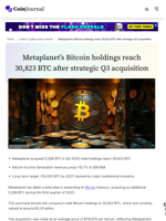 Metaplanet's Bitcoin holdings reach 30,823 BTC after strategic Q3 acquisition - CoinJournal