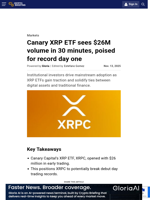 Canary XRP ETF sees $26M volume in 30 minutes, poised for record day one
