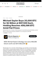 Michael Saylor Buys 20,000 BTC for $2 Billion at $97,500 Each, Holding Reaches 499,096 BTC Amid Flat Prices - 