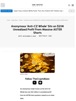 Anonymous ‘Anti-CZ Whale’ Sits on $21M Unrealized Profit From Massive ASTER Shorts
