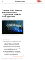 Coinbase Stock Rises on Analyst Optimism, Congressional Work on Pro-Crypto Bills