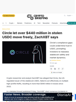 Circle let over $440 million in stolen USDC move freely, ZachXBT says