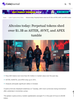 Altcoins today: Perpetual tokens shed over $1.3B as ASTER, AVNT, and APEX tumble - CoinJournal