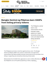 Bangko Sentral ng Pilipinas bars VASPs from listing privacy tokens