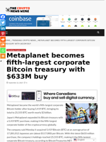 Metaplanet becomes fifth-largest corporate Bitcoin treasury with $633M buy - The Crypto News Wire