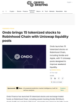 Ondo brings 15 tokenized stocks to Robinhood Chain with Uniswap liquidity pools
