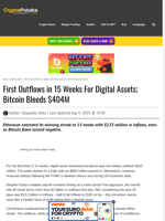 First Outflows in 15 Weeks For Digital Assets; Bitcoin Bleeds $404M
