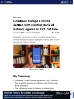 Coinbase Europe Limited settles with Central Bank of Ireland, agrees to €21.5M fine