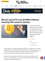 Bitcoin spot ETFs see $316M outflows, marking fifth week of decline