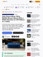 Solo Home Miner Wins $232K Bitcoin Block With a $300 Machine at 149 Million-to-1 Odds