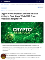 Crypto News: Pepeto Confirms Binance Listing in Final Stage
While XRP Price Prediction Targets $10