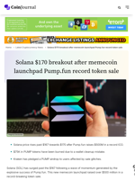Solana $170 breakout after memecoin launchpad Pump.fun record token sale - CoinJournal