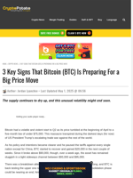 3 Key Signs That Bitcoin (BTC) Is Preparing For a Big Price Move