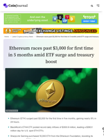 Ethereum races past $3,000 for first time in 5 months amid ETF surge and treasury boost - CoinJournal