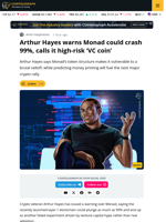 Arthur Hayes Warns Monad Could Crash 99% as ‘VC Coin’