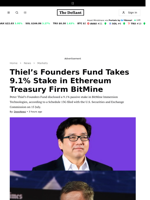 Thiel’s Founders Fund Takes 9.1% Stake in Ethereum Treasury Firm BitMine - 