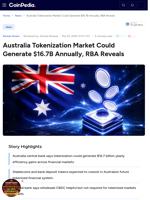 Australia Tokenization Market Could Generate $16.7B Annually, RBA Reveals