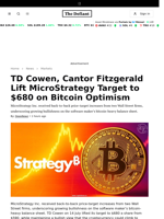 TD Cowen, Cantor Fitzgerald Lift MicroStrategy Target to $680 on Bitcoin Optimism - 