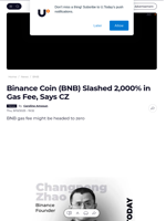 Binance Coin (BNB) Slashed 2,000% in Gas Fee, Says CZ - U.Today