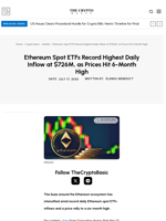 Ethereum Spot ETFs Record Highest Daily Inflow at $726M, as Prices Hit 6-Month High