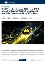 BNB Price Prediction: BNB Near $736 Ahead of Jenner Testnet Upgrade as Remittix Prepares a 300M RTX Burn - TechBullion