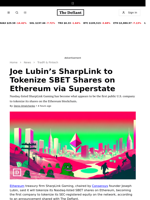 Joe Lubin’s SharpLink to Tokenize SBET Shares on Ethereum via Superstate - 
