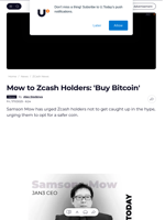 Mow to Zcash Holders: 'Buy Bitcoin' - U.Today