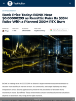 Bonk Price Today: BONK Near $0.00000299 as Remittix Pairs Its $33M Raise With a Planned 300M RTX Burn - TechBullion