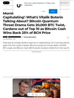 Morning Crypto Report: 'I Am Capitulating': What's Vitalik Buterin Talking About? Bitcoin Quantum Threat Drama Gets 20,000 BTC Twist, Cardano out of Top 10 as Bitcoin Cash Wins Back 25% of BCH Price - U.Today