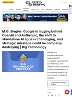 M.G. Siegler: Google is lagging behind OpenAI and Anthropic, the shift to standalone AI apps is challenging, and strategic missteps could be company-destroying | Big Technology