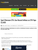 Spot Ethereum ETFs See Record Inflows as ETH Taps $3,400