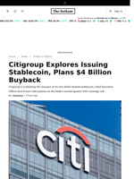 Citigroup Explores Issuing Stablecoin, Plans $4 Billion Buyback - 