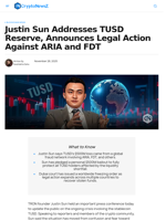 Justin Sun Addresses TUSD, Legal Action ARIA and FDT