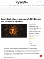 BlackRock clients scoop up 1,495 Bitcoin for $115M through IBIT