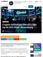 Crypto Exchange Gemini Cuts Up to 25% Staff: Bloomberg | Live Bitcoin News