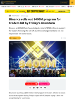 Binance Rolls Out $400M Program for Traders Hit by Friday’s Downturn