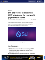 SUI and t'order to introduce KRW stablecoin for real-world payments in Korea