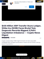 $415 Million XRP Transfer Stuns Ledger, Shiba Inu (SHIB) Faces Brutal Test, Dogecoin Records Biggest 3,745% Liquidation Imbalance — Crypto News Digest - U.Today