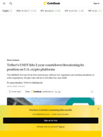 Tether's USDT hits 2-year countdown threatening its position on U.S. crypto platforms
