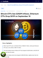 Bitcoin ETFs See $292M Inflows, Ethereum ETFs Drop $61M on September 16