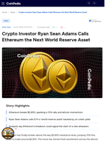Crypto Investor Ryan Sean Adams Calls Ethereum the Next World Reserve Asset