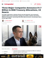 Three Major Companies Announce $1.7 Billion in BNB Treasury Allocations, CZ Reacts - Coinspeaker