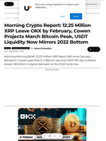 Morning Crypto Report: 12.25 Million XRP Leave OKX by February, Cowen Projects March Bitcoin Peak, USDT Liquidity Now Mirrors 2022 Bottom - U.Today