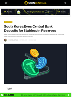 South Korea Eyes Central Bank Deposits for Stablecoin Reserves - CoinCentral