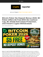 Bitcoin Poker No Deposit Bonus 2026: BC Poker Offers $5 Free With No Cashout Cap, BC Shield Anti-Cheat Protection, and Instant Crypto Withdrawals