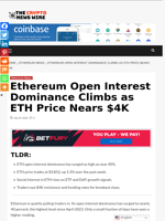 Ethereum Open Interest Dominance Climbs as ETH Price Nears $4K - The Crypto News Wire