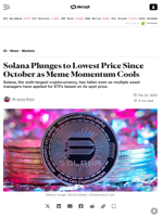 Solana Plunges to Lowest Price Since October as Meme Momentum Cools - Decrypt