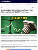 Grayscale Says Bitcoin May Benefit Less Than Ethereum, Solana if CLARITY Act Passes
