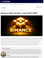 Binance Adds 20 Pairs, Lists XAUT USDT