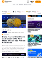 Bulls March On: Bitcoin and Ether ETFs Add More Than $420 Million Combined – Markets and Prices Bitcoin News